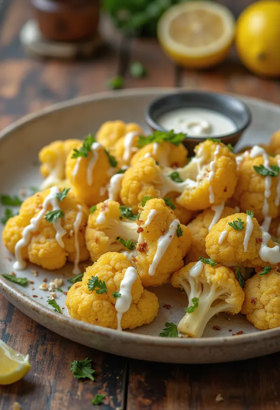 Ristet blomkål med citron-tahini dressing serveret