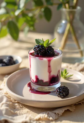 Brombær panna cotta serveret