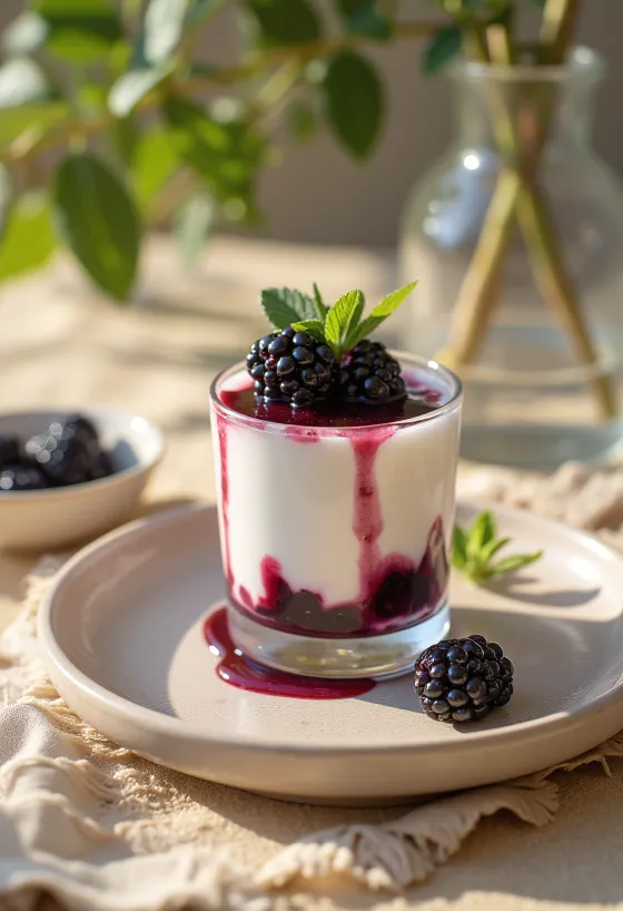 Brombær panna cotta serveret