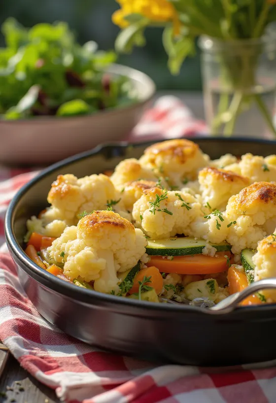 Grøntsagsgratin med blomkål bagt med sprød top