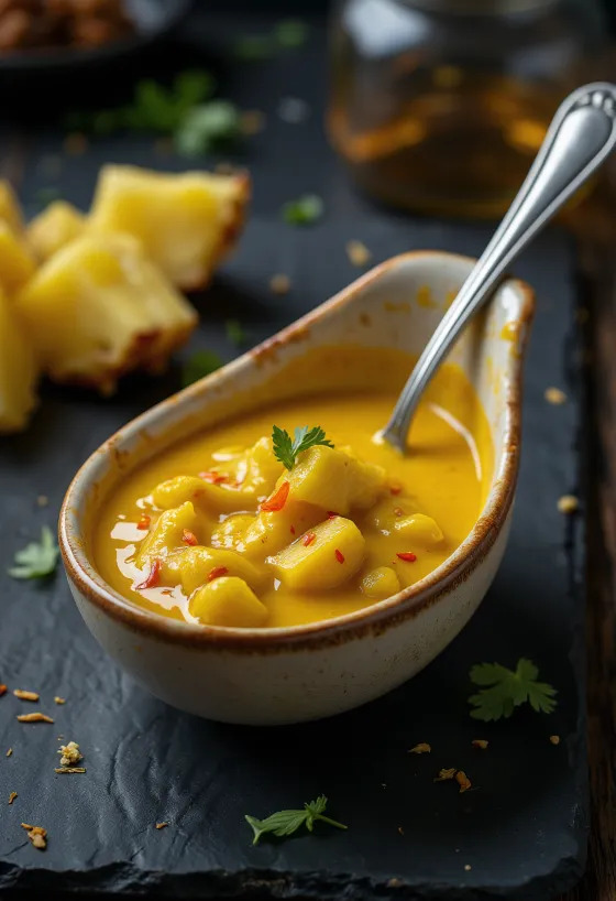 Ananas karry sauce serveret