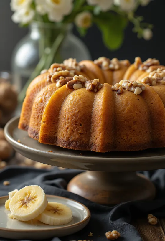 Banan-valnød bundtkage serveret