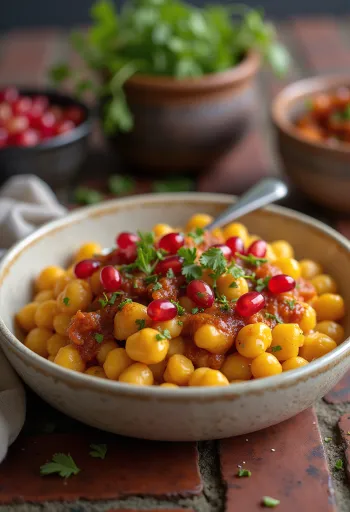 Ghugni chaat med gule ærter, serveret med friske korianderblade og tamarind chutney