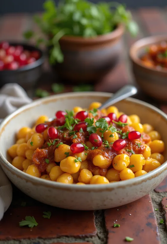Ghugni chaat med gule ærter, serveret med friske korianderblade og tamarind chutney