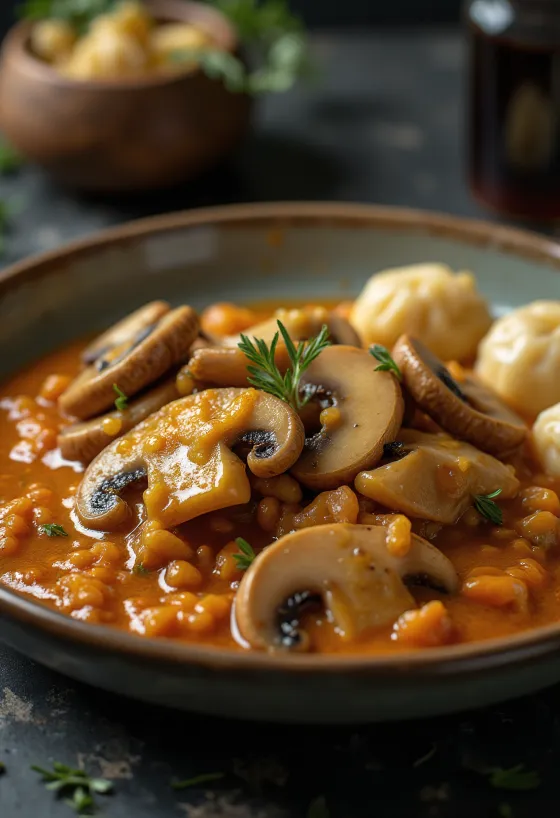 Cremet svampepaprikash serveret med frisk persille og nokedli