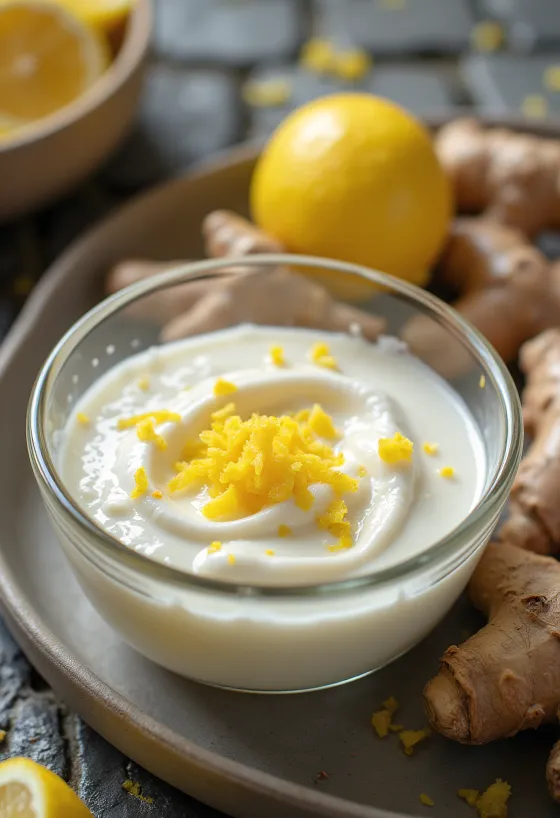 Honning-ingefær yoghurtdressing i skål, serveret med friske grøntsager