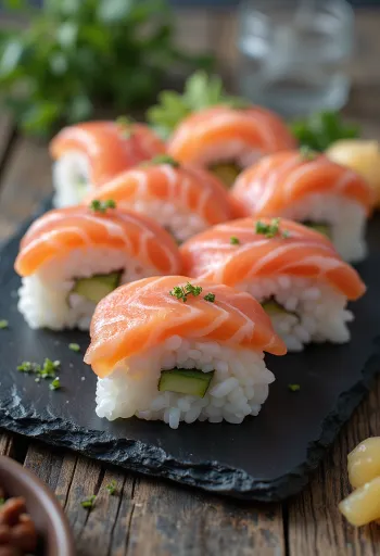 Oshizushi med laks, presset lagdelt sushi med ris og friske lakseskiver