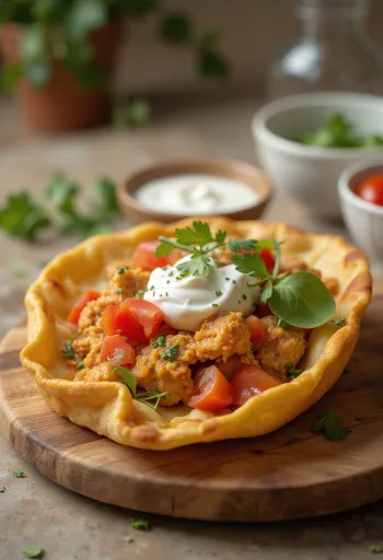 Pide med kylling, serveret med frisk dej og krydret kødfyld