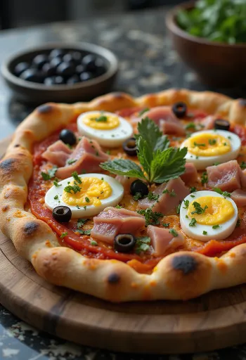 Tunesisk stil pizza med tun, kogt æg og harissa