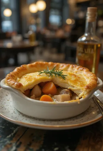 Rabbit pie with root vegetables served with fresh salad.