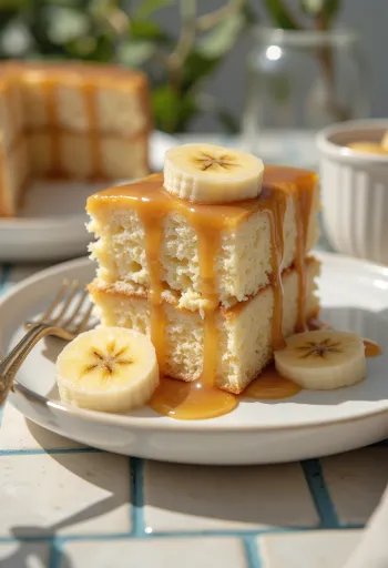 Banan-karamel kage serveret