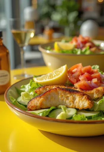 Frisk kyllingesalat med sprøde grøntsager og grillet kyllingebryst, med balsamico dressing.