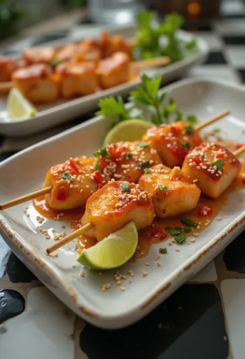 Sød og sur satay, grillede kyllingespyd med friske grøntsager