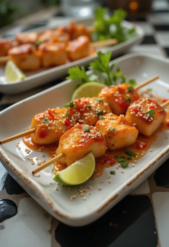 Sød og sur satay, grillede kyllingespyd med friske grøntsager