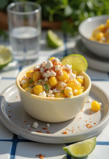 Esquites med fetaost og koriander serveret, med frisk limesmag