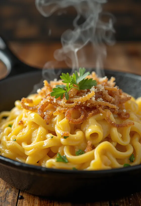 Käsespätzle, østrigsk ostepasta med røget skinke og ristede løg