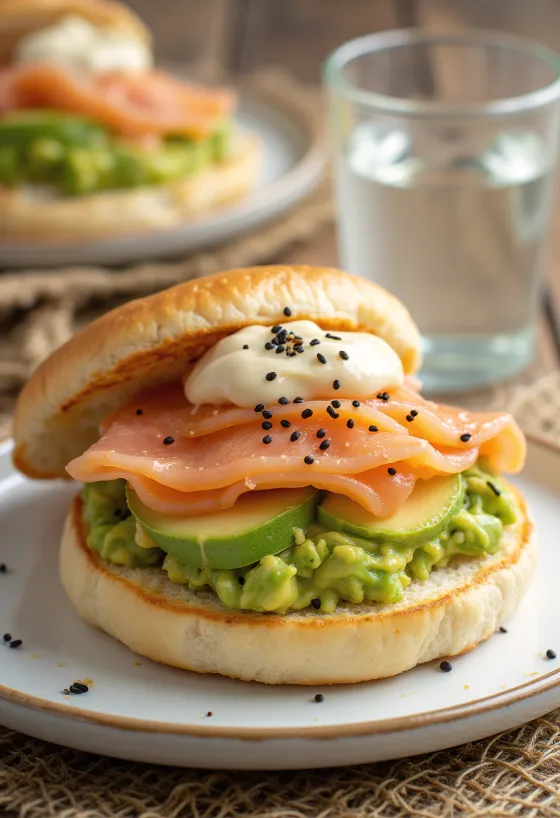 Bao bun med laks og avocado serveret