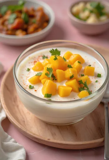 Mango raita i skål med friske mynteblade