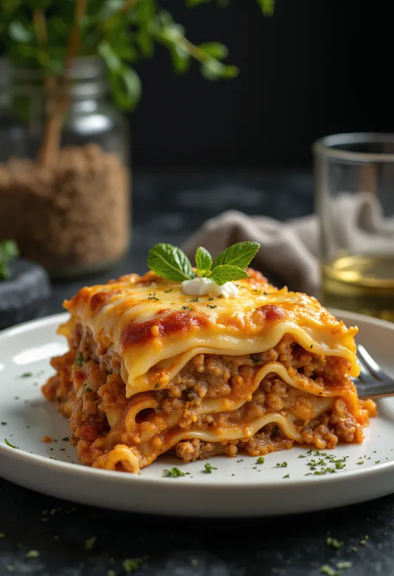 Italiensk lasagne lagvis med saftigt hakket oksekød i tomat og cremet bechamel