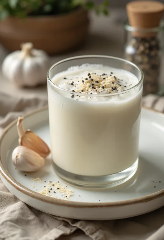 Et glas probiotisk hvidløg-peber kefir i form af en lys, salt drik