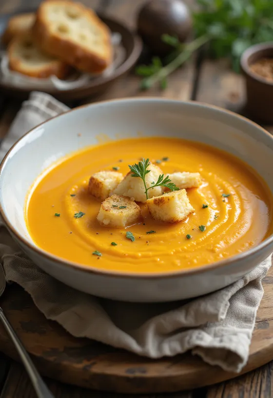 Gulerods-blomkålscremesuppe anrettet med grønt drys