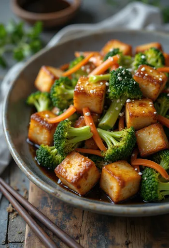 Stegt tofu med broccolisalat serveret
