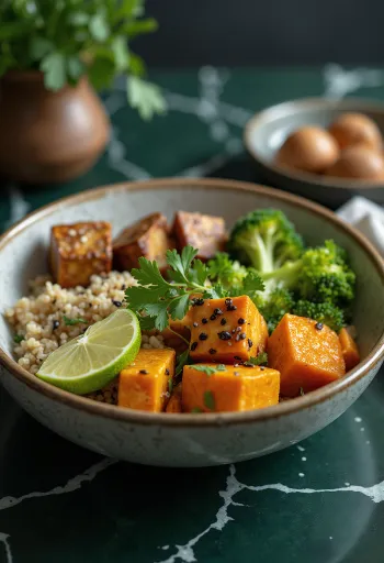 Vegansk Buddha bowl med tofu og koriander serveret