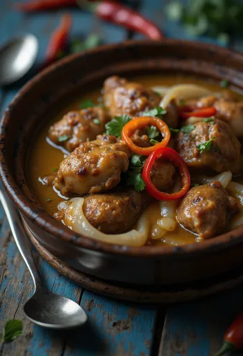 Adobo med kokosmælk, rig, krydret ret serveret med ris og koriander