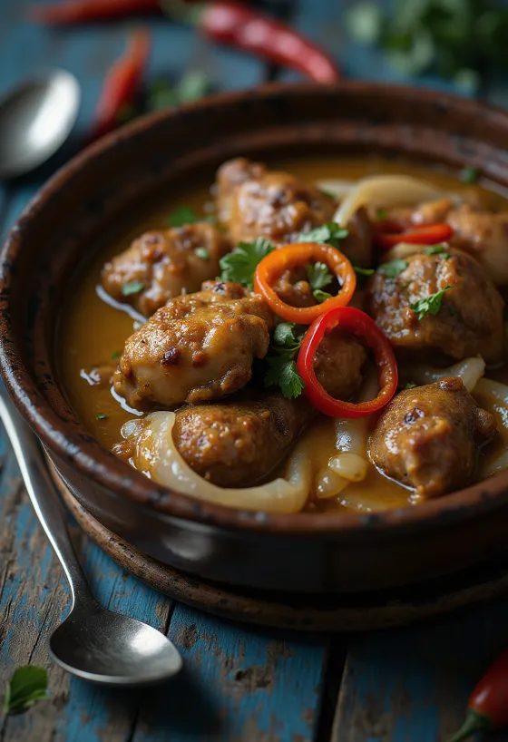 Adobo med kokosmælk, rig, krydret ret serveret med ris og koriander
