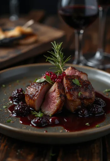 Antilopmedaljoner med rødvinssauce serveret med grøntsager