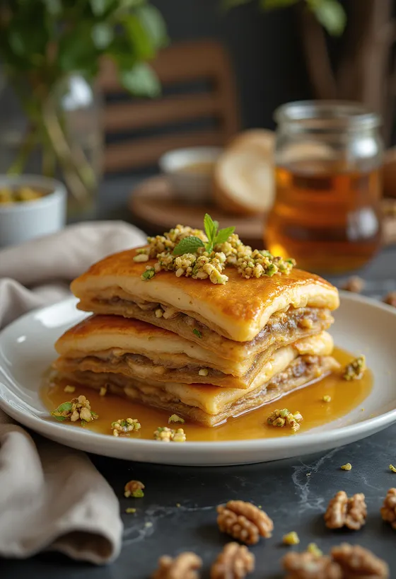 Baklava pandekager serveret med honning-nødde- og pistacielag