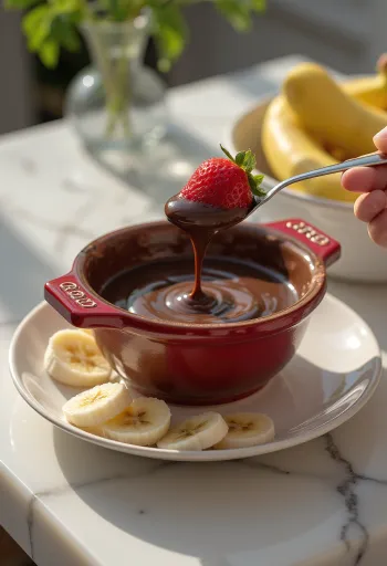 Varm chokoladefondue serveret med frugt og kage.
