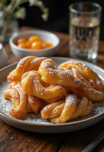 Ungarske Klejner drysset med flormelis, serveret med marmelade