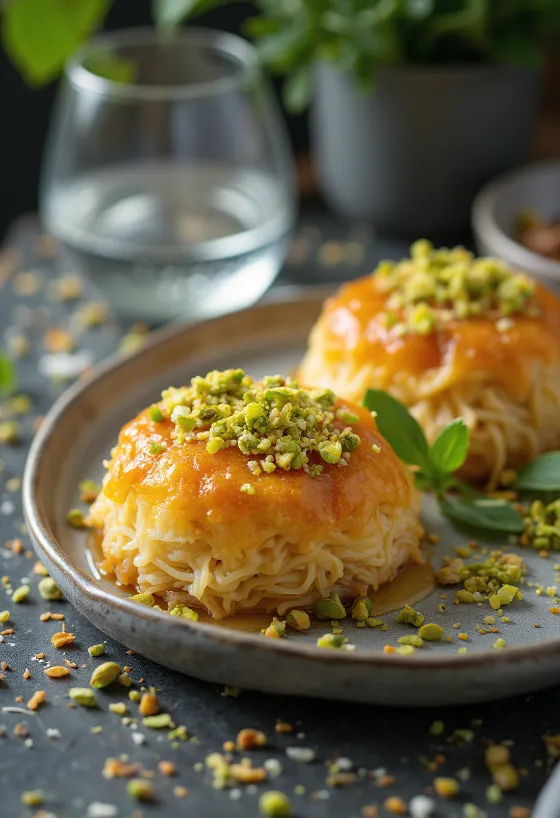 Knafeh i vegansk udgave, serveret med mandler