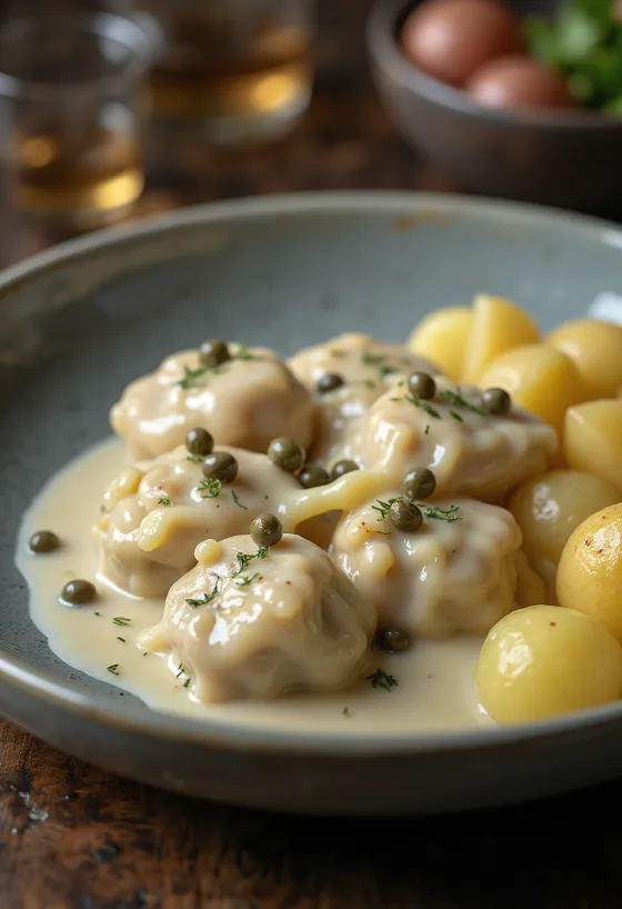 Königsberger Klopse serveret med kaperssauce
