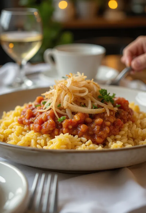 Klassisk Koshari, egyptisk ret af ris, linser og makaroni i rig tomatsauce