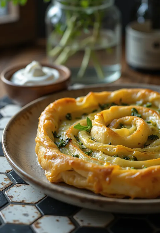 Burek med ramsløg serveret