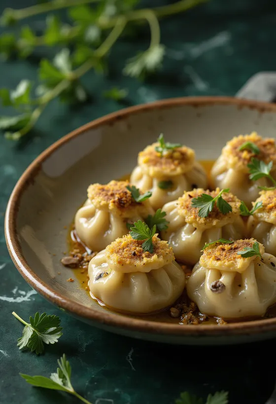 Russisk vegetarisk pelmeni serveret med creme fraiche