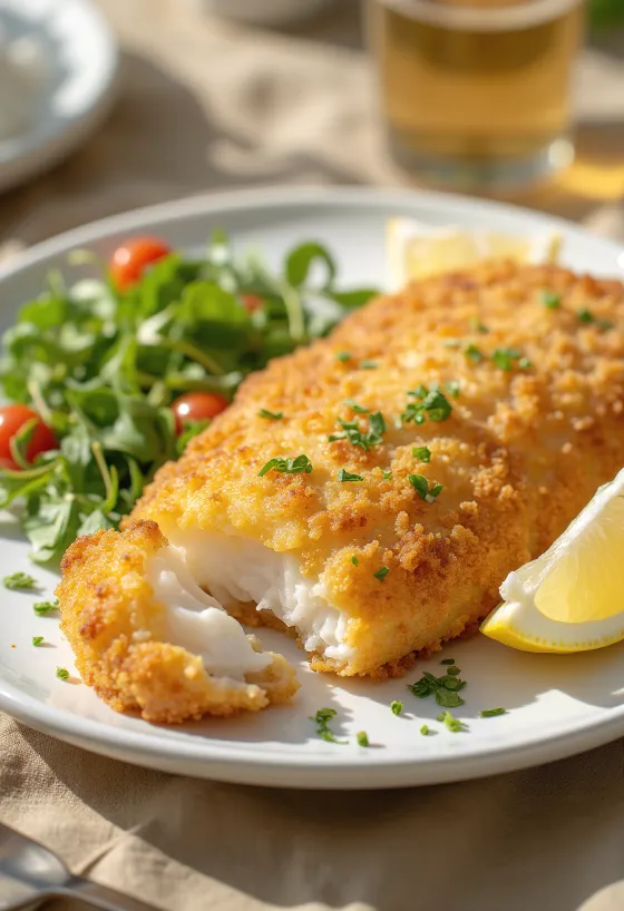 Sprød paneret fiskefilet stegt gyldenbrun, serveret med friske citronskiver og grøntsager.