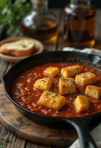 Stegt tofu i krydret tomatsauce serveret