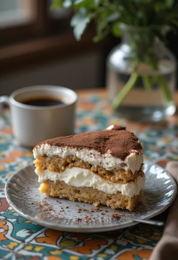 Cremet tiramisu kage med lag af kaffe-ladyfingers og mascarponecreme, drysset med kakaopulver.