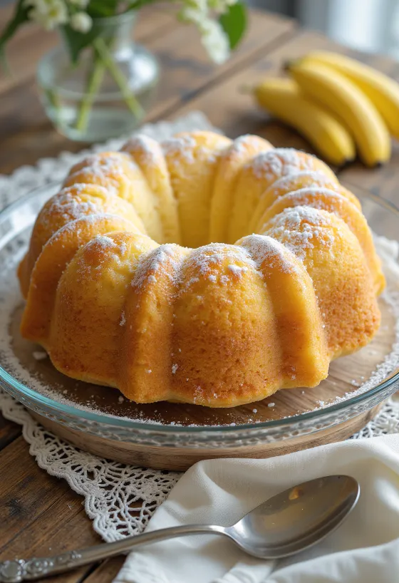 Banan-vanilje bundtkage serveret