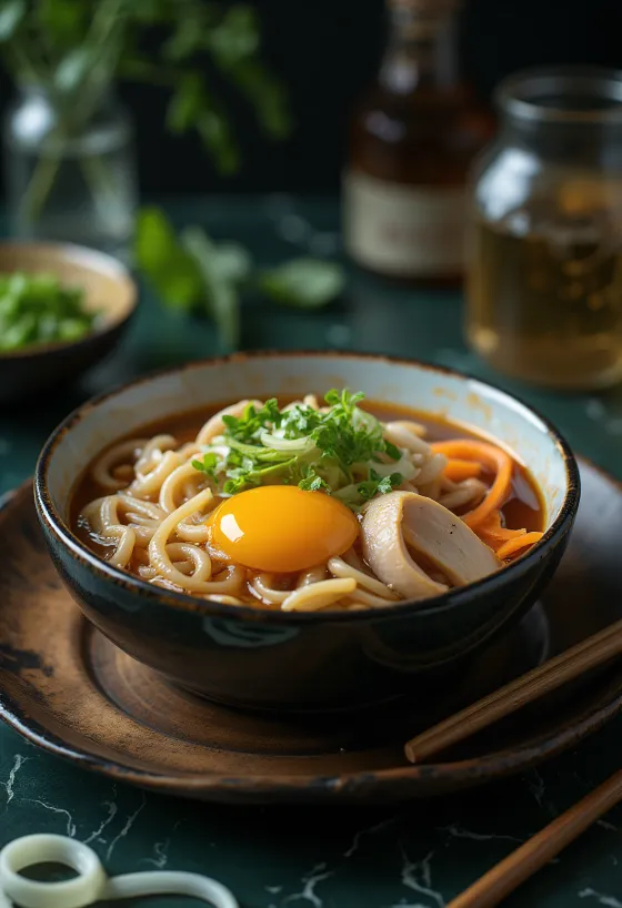 Gomoku udon med grøntsager og kød, serveret med æg