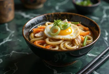 Gomoku udon med grøntsager og kød, serveret med æg