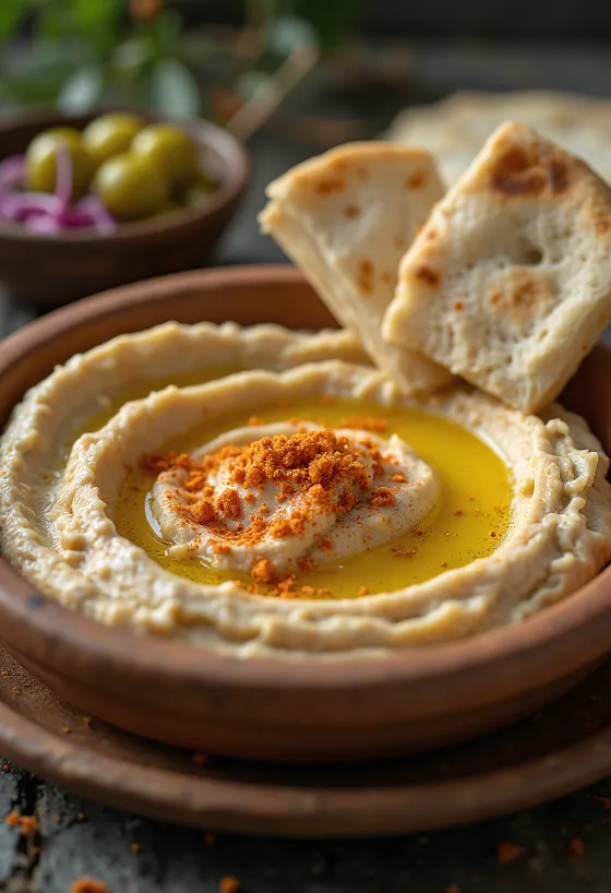 Hummus med silkeblød konsistens, dryppet med olivenolie, serveret med pitabrød