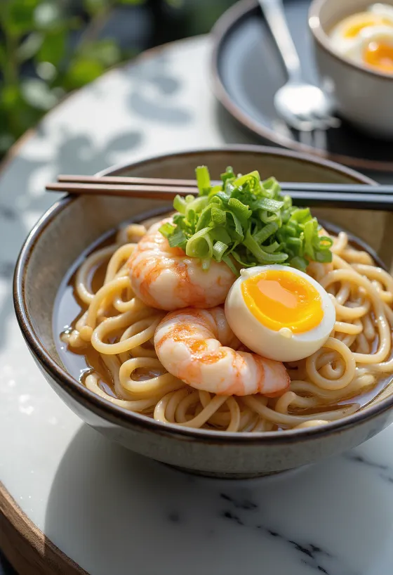 Onsen Tamago i udon-suppe serveret med frisk æg, rejer og skaldyr