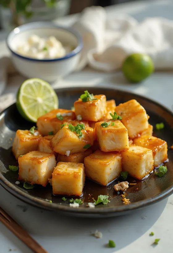 Stegt tofu med limemarinade serveret