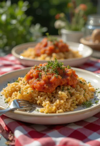 Koshari med oregano, egyptisk ret af ris, linser og makaroni i rig oreganosauce
