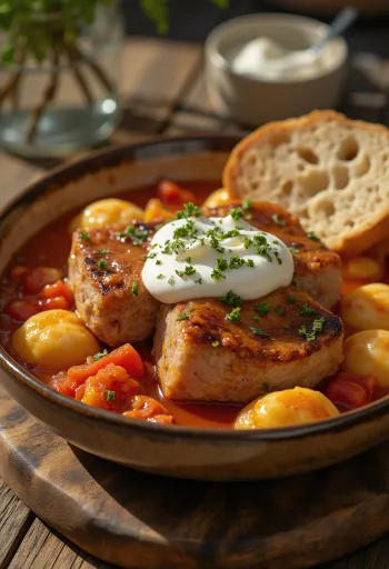 Nakkekotelet i lecsó med nokedli og creme fraiche serveret