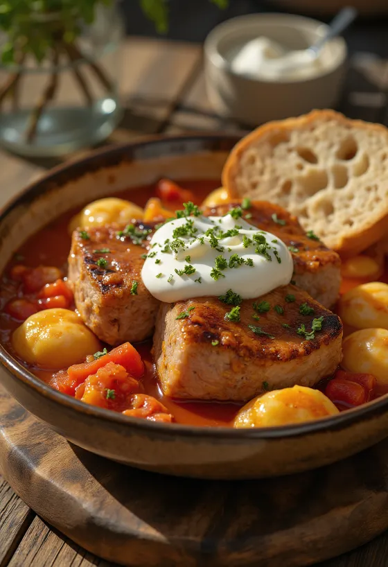 Nakkekotelet i lecsó med nokedli og creme fraiche serveret